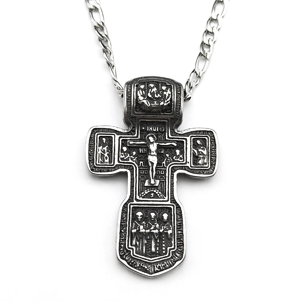 Jesus Crucifix Cross Orthodox Necklace for Women Men Stainless Steel Christian Believer Chain Necklace Vintage Charm Jewelry
