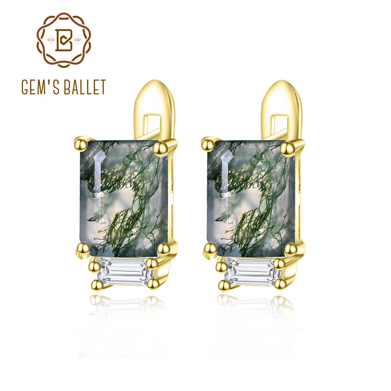 GEM'S BALLET Unique 2.37Ct 6x8mm Octagon Cut Moss Agate Studs Earrings in 925 Sterling Silver Women's Gemstone Earrigns