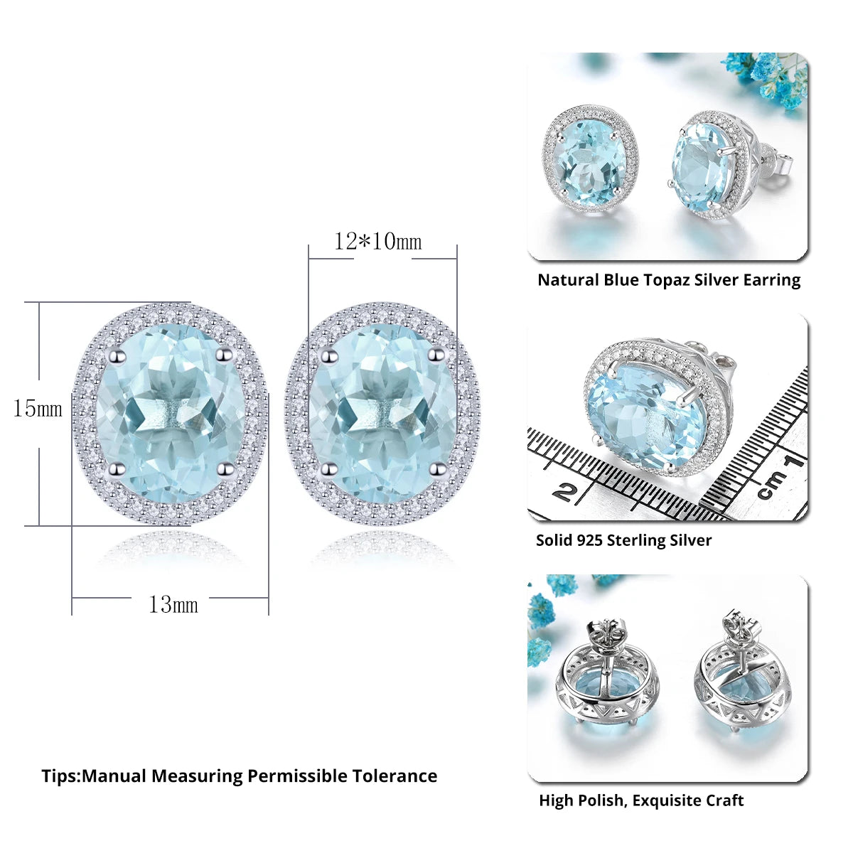 Natural Sky Blue Topaz Sterling Silver Stud Earring 11.6 Carats Genuine Gemstone Classic Luxury Style S925 Jewelry Gifts