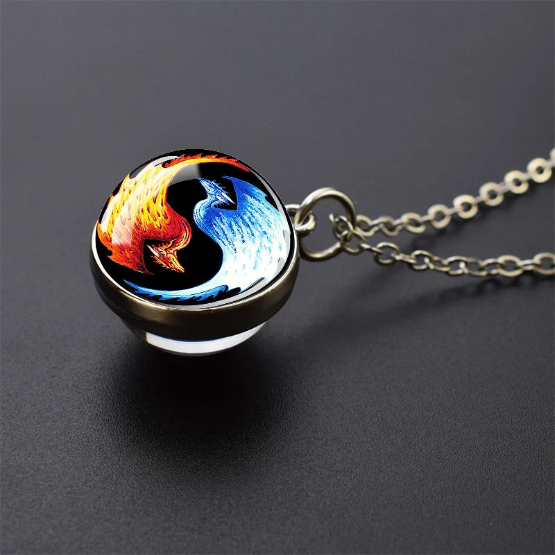 Ice and Fire Phoenix Yin Yang Aurora Necklaces Double Sided Glass Ball Pendant Fashion Chains Necklace Women Men Cool Jewelry