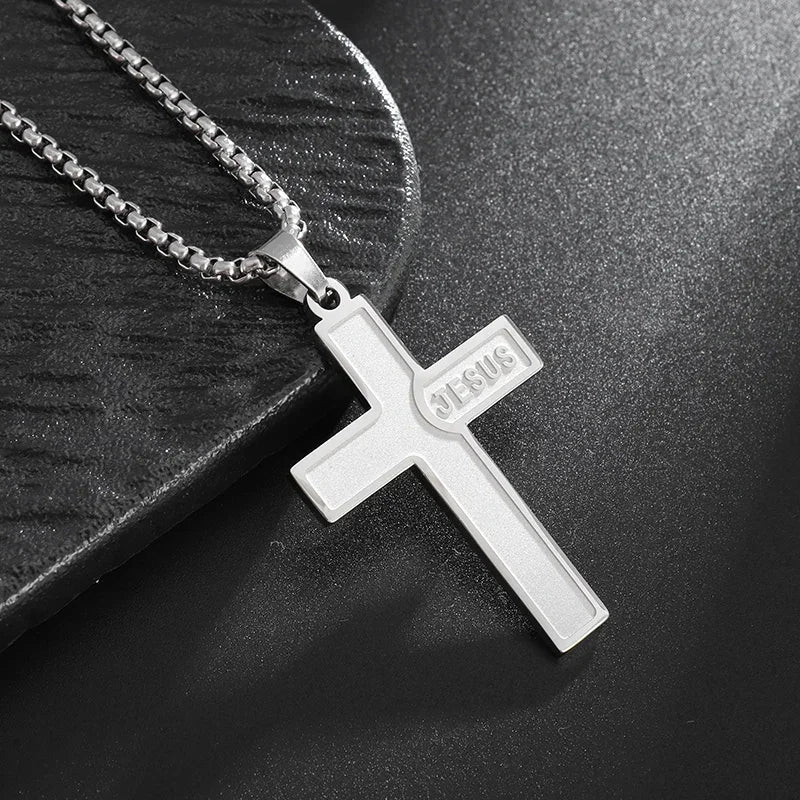 Stainless Steel Cross Letter Pendant Christian Savior Jesus Necklace Men and Women Religious Prayer Amulet Jewelry