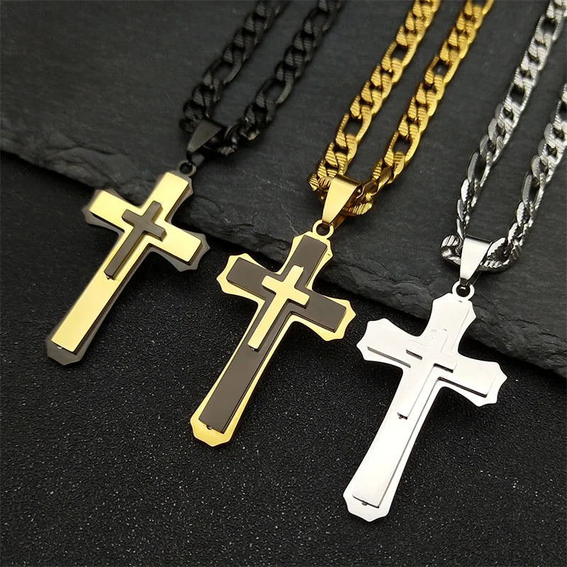 Hip Hop Christian Cross Stainless Steel Long Chain Pendant Necklaces for Women Men Gold Color Necklace Amulet Jewelry Gift