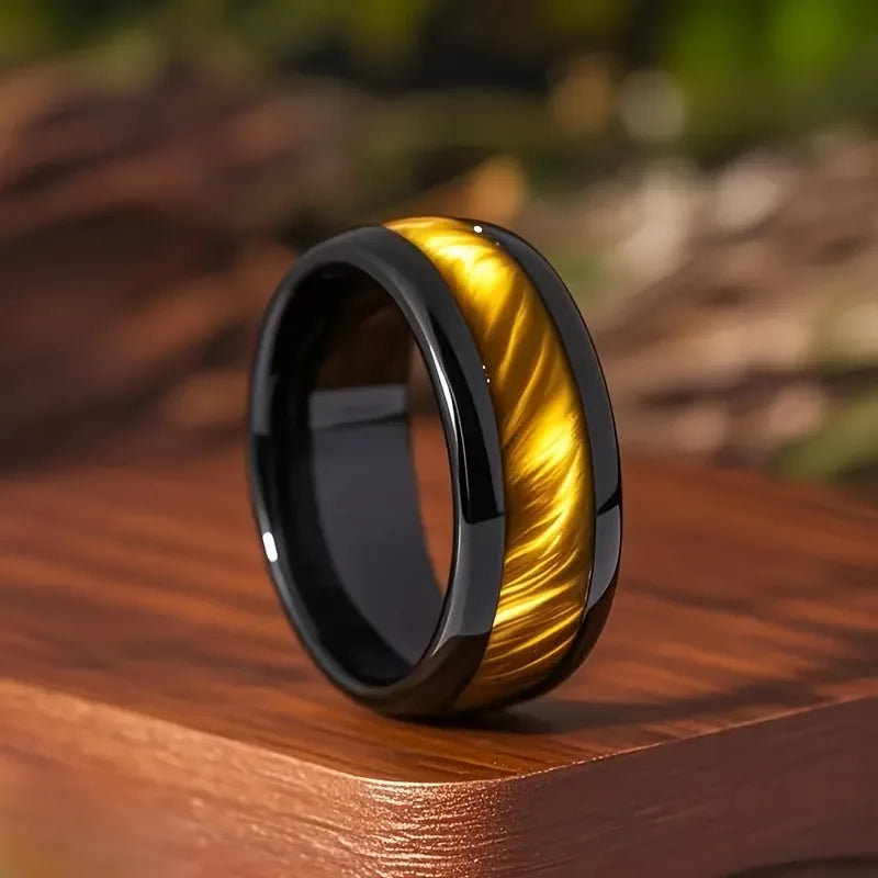 Fashion 8mm Men Stainless Steel Rings Black Color Brushed Brown Abalone Shell Inlay Rings for Men Wedding Band Jewelry Gift