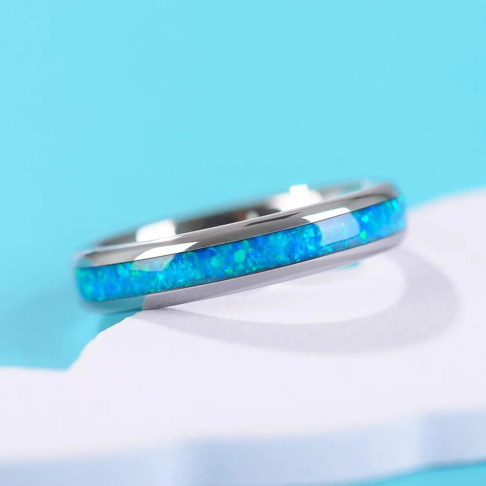 Simple 4mm Stainless Steel Ring For Men Women Blue Fire Opal Inlay Luxury Wedding Band Engagement Rings Jewelry anillos mujer