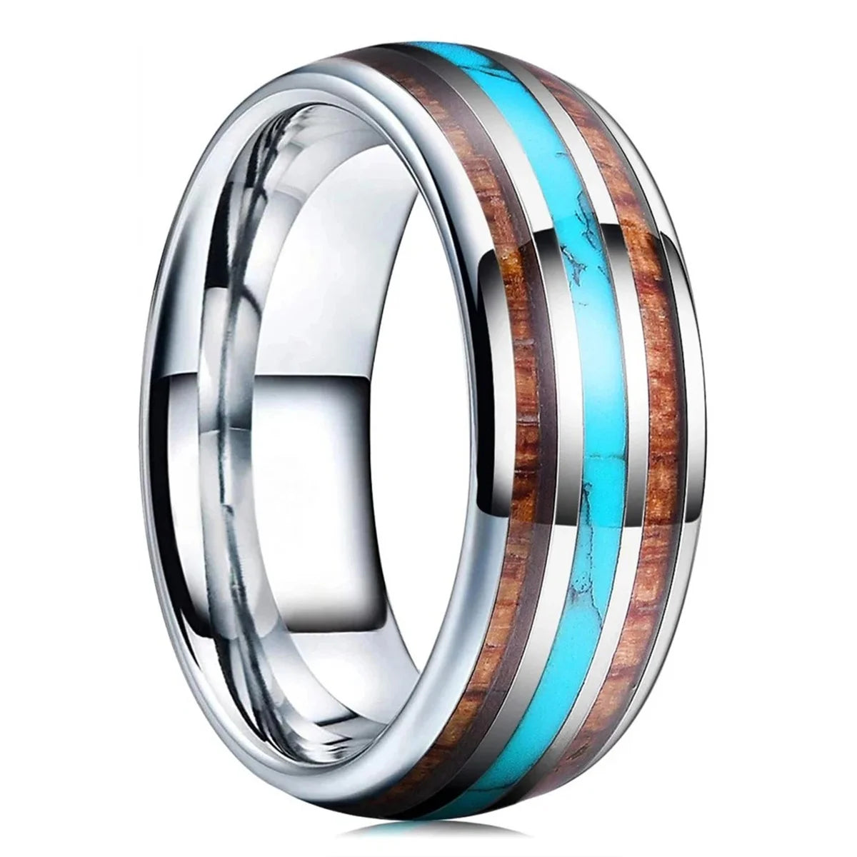 Fashion 8mm Silver Color Stainless Steel Arrow Rings for Men Women Inlaid Hawaiian Koa Wood Rings Men Wedding Band Jewelry Gifts