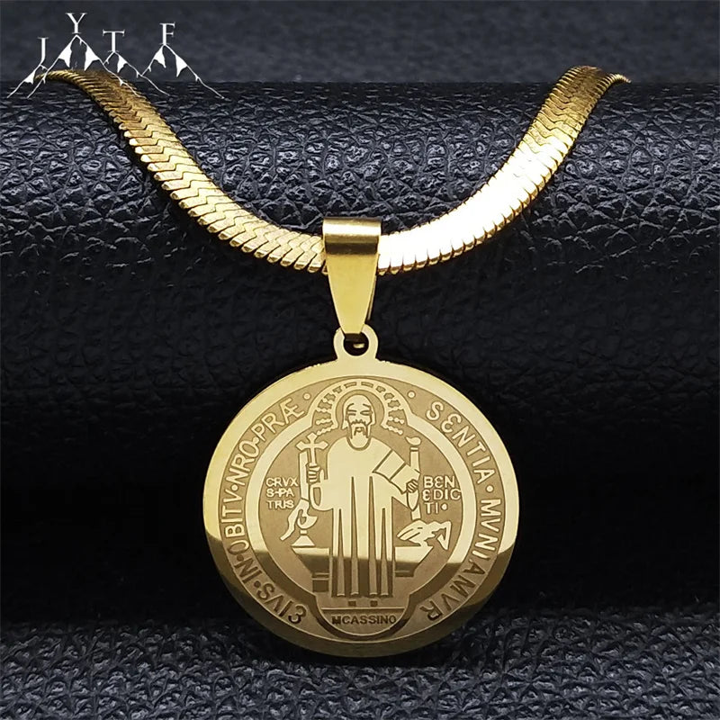 Hip Hop Saint Benedict Medallion Pendant Necklace Men Stainless Steel Snake Chain Choker Necklaces Jewelry San Benito Collares