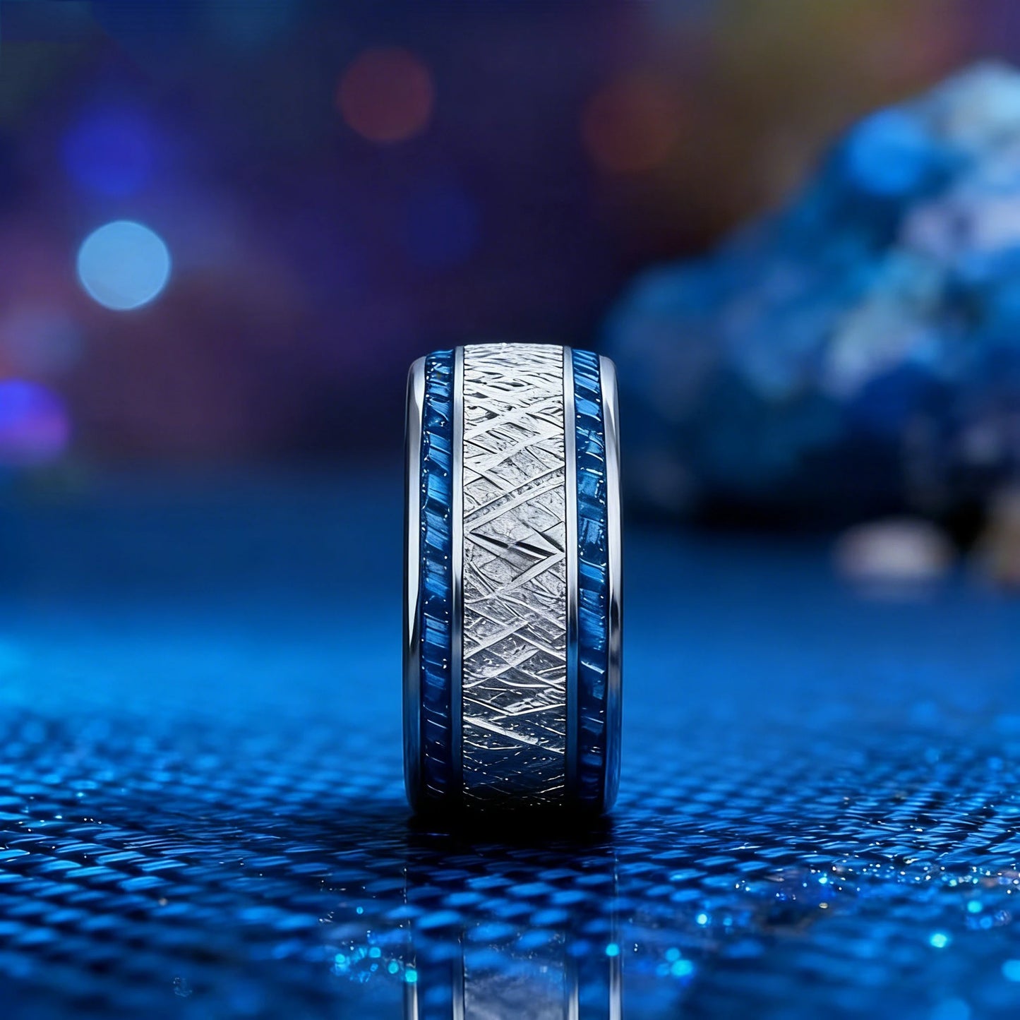 Fashion 8mm Silver Color Stainless Steel Rings for Men, Meteorite Carbon Fiber Inlay Dome Engagement Ring, Men Wedding Jewelry