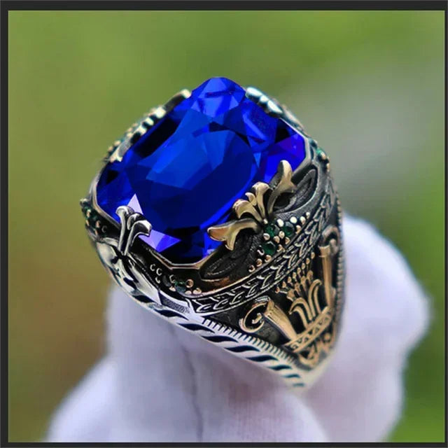 New Retro Handmade Turkish Rings for Men Vintage Double Swords Black Zircon Rings Punk 2024 Trendy Islamic Religious Muslim