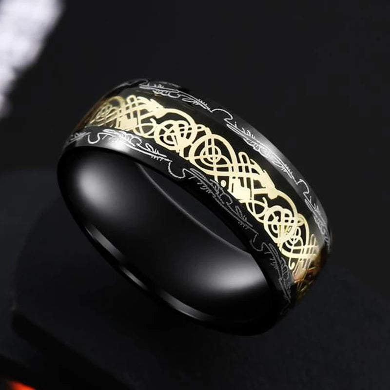 21 Colors 8mm Men's Stainless Steel Celtic Dragon Ring Inlay Red Green Black Carbon Fiber Ring Wedding Band Jewelry Size 6-13