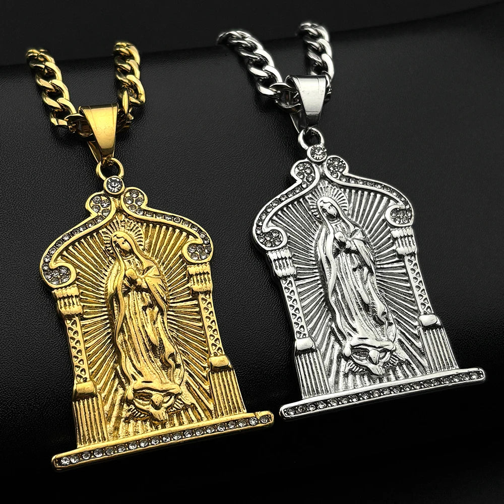 Catholic Virgin Mary Medal Rhinestones Pendant Necklace for Women Men Gold Color Stainless Steel Chain Amulet Jewelry Gift