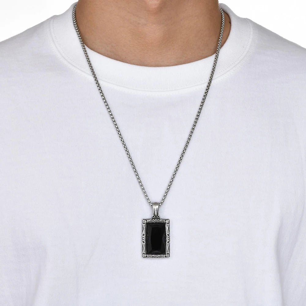 Fashion Popular Women Black Gemstone Necklaces Amulet Stainless Steel Classic Simple Party Pendant Chain Charm Jewelry