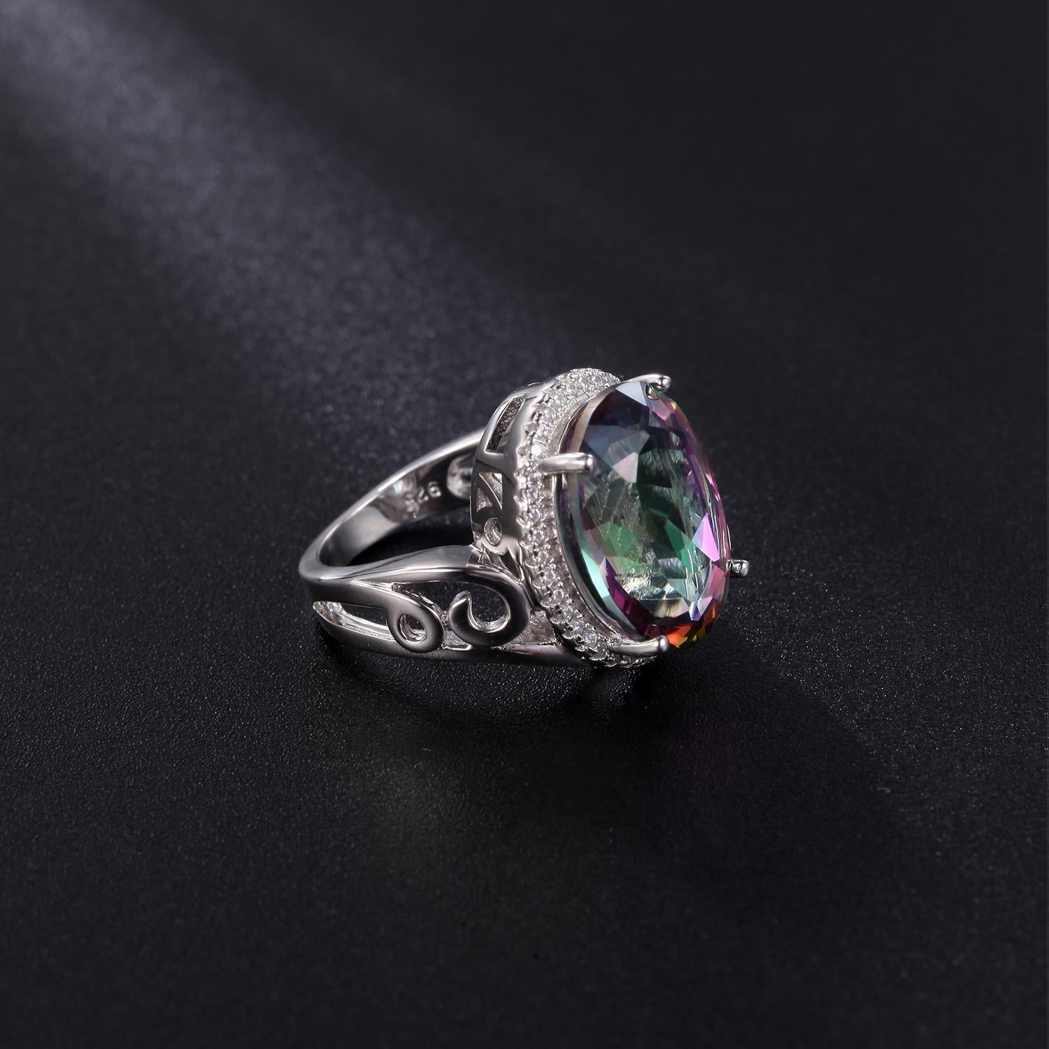 GEM&#39;S BALLET 9.10Carat 12x16mm Oval Rainbow Mystic Topaz Birthstone Cocktail Rings in 925 Sterling Silver For Women Jewelry