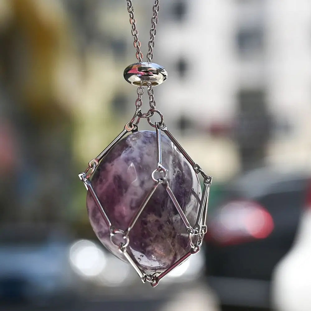 Crystal Holder Cage Necklace with Crystal Stone Interchangeable Adjustable Crystal Net Metal Necklace for Women Amethyst