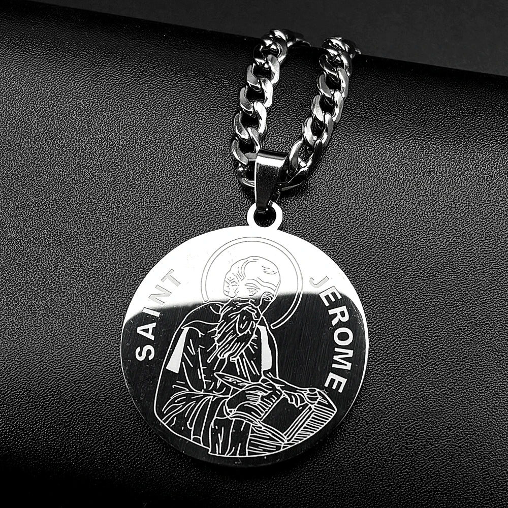 Saint Jerome Protect Us Pendant Necklace for Women Men Stainless Steel Gold Color Christian Medallion Chain Academic Jewelry