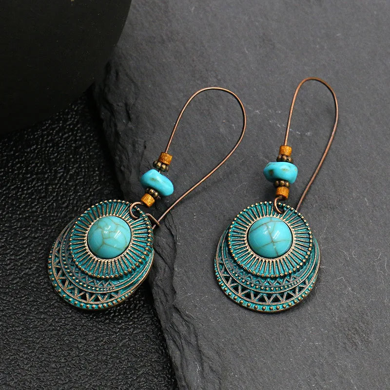 Vintage Palace Style Dangle Earrings for Women Boho Ethnic Creative Hollow Leaf Round Sun Hand Water Drop Earring Female Jewelry 1151
