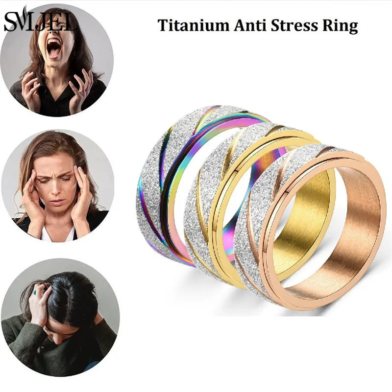 Rose Gold Stainless Steel Anxiety Ring Women Men Fidgets Spinner Rings Engagement Bands Silver Color Fashion Jewelry 8/6mm