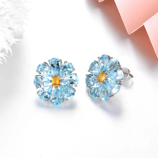 Natural Sky Blue Topaz Citrine Sterling Silver Stud Earring 13.5 Carats Colorful Elegant Women's Jewelry Top Quality Engagement