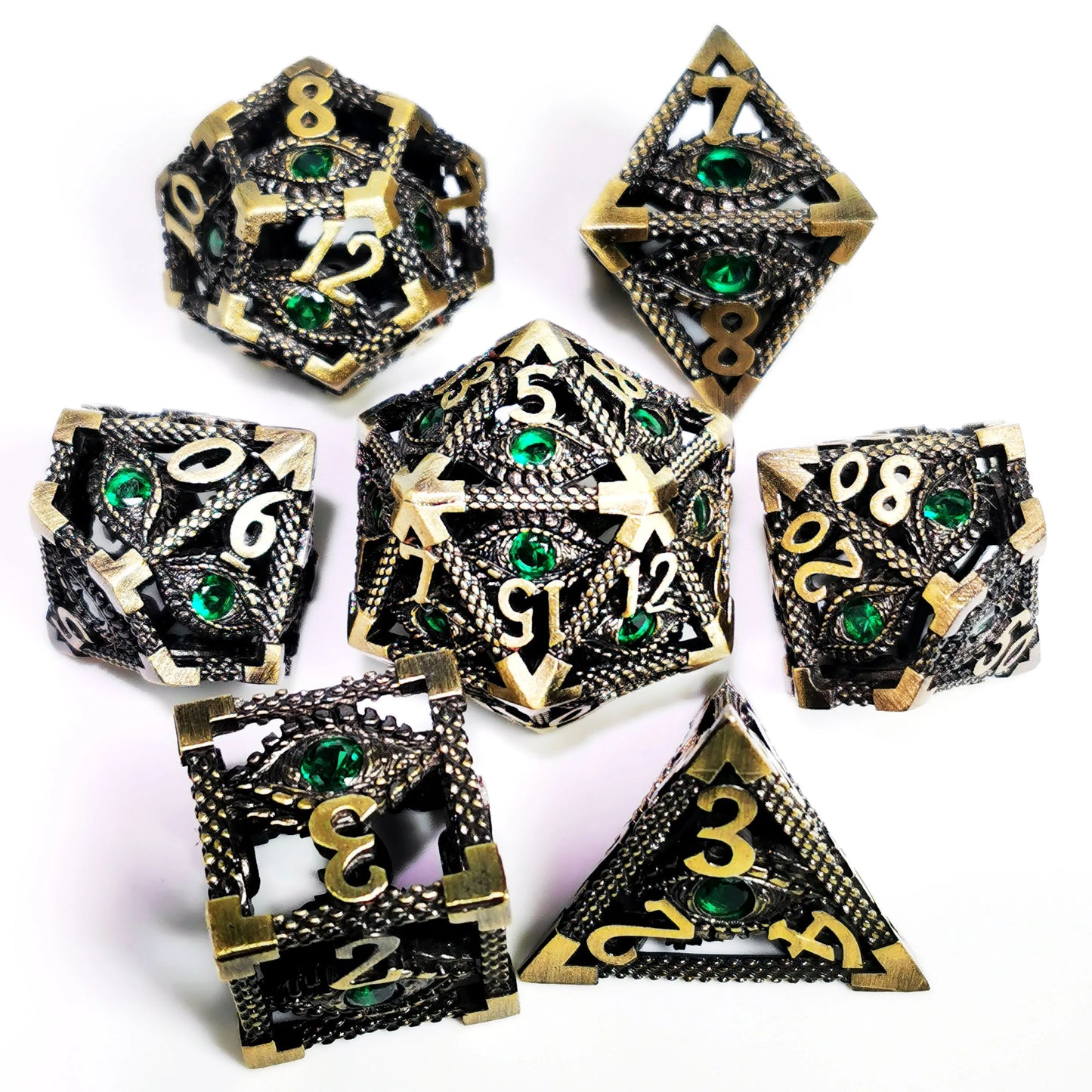 DnD Metal Dice Set - Hollow Dragon Eye Zinc Alloy 7pc Dice with Red Core for D&D RPG Games green