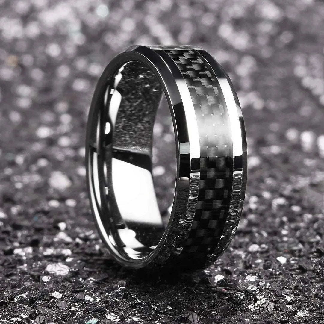 Fashion Silver Color Stainless Steel Rings for Men Black Carbon Fiber Ring Wedding Jewelry Christmas Gift Accessories