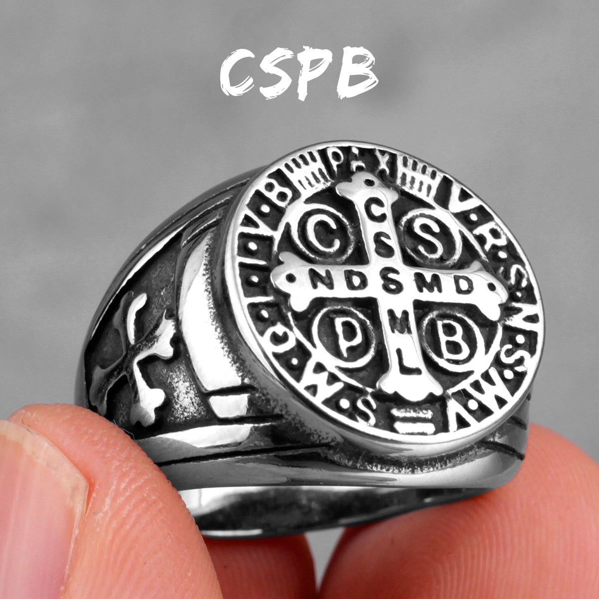 Exorcism Saint Benedict Cspb Cross Men Rings Punk Hip Hop for Boyfriend Male Stainless Steel Jewelry Creativity Gift R460-Silver