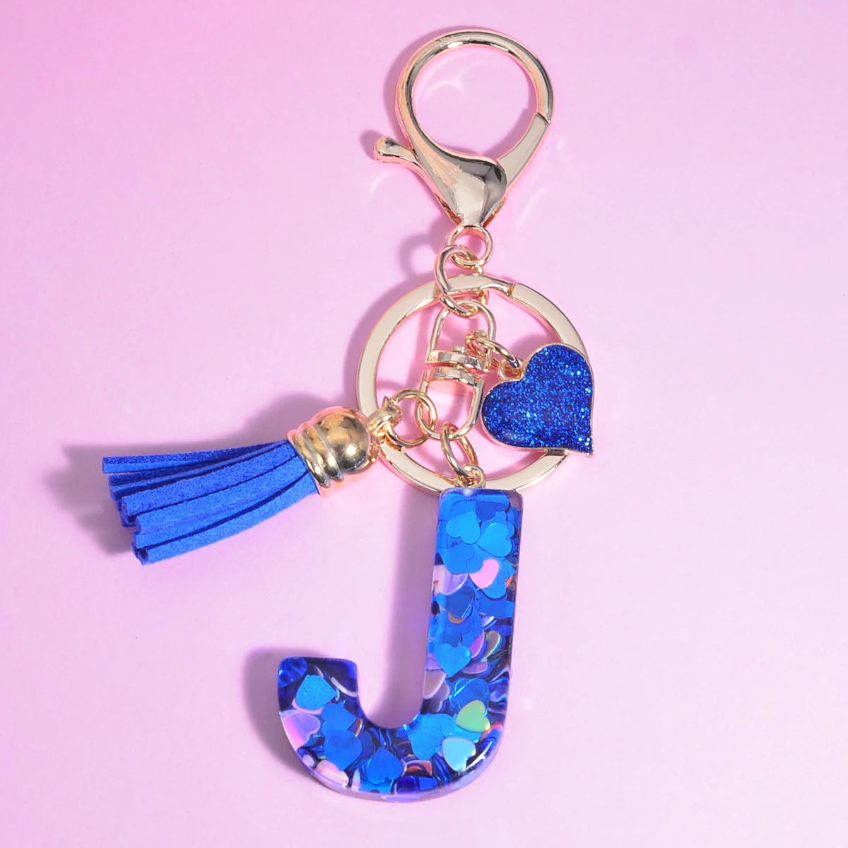 26 Initials Letter Key Pendant with Blue Tassel Alloy Love Fashion Girls Handbag Glitter Gradient Resin Alphabet Keychain Charms