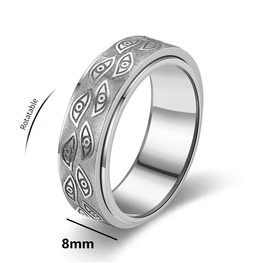 Stainless Steel Spinner Rings For Men Carved Demon Eye Rotatable Fidget Joint Ring Jewelry Bague Homme