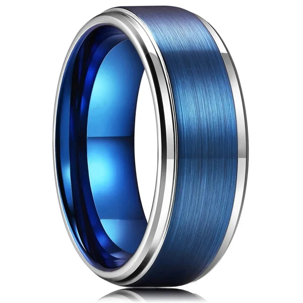 Fashion 8MM Men Stainless Steel Ring Silver Color Step Edge Blue Brushed Engagement Rings For Men Wedding Band Jewelry Wholesale