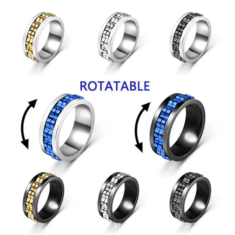 Stainless Steel Ring For Men Gear Chain Rotating Spinning Fidget Rings Punk Jewelry Size 6-13