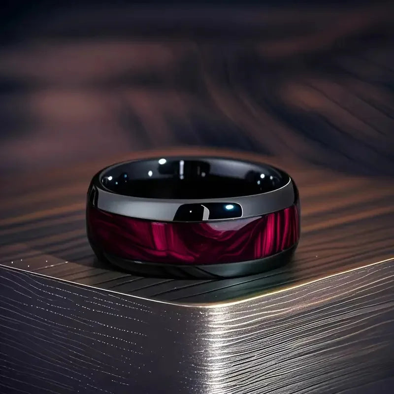Fashion Black Men Stainless Steel Ring with Volcanic Lava and Golden Foil Pattern Inlay Rings for Men Wedding Jewelry Drop Ship