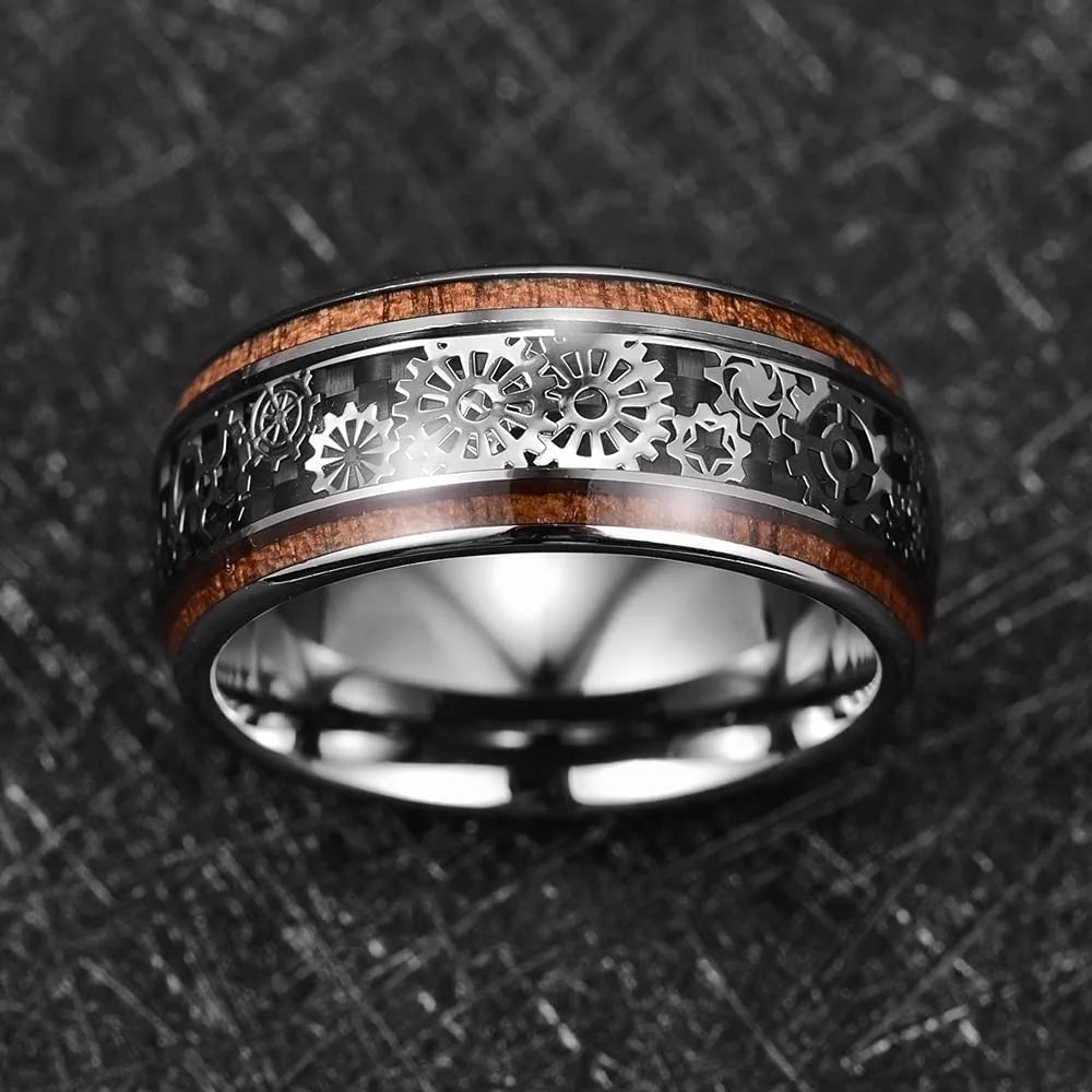 Hiphop Steampunk Men Black Stainless Steel Gear Wheel Rings Koa Wood Inlay Black Carbon Fiber Rings for Men Rock Biker Jewelry