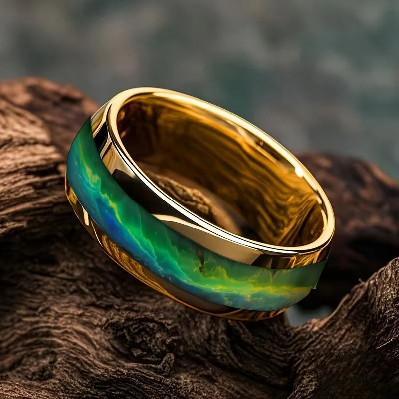 Luxury Gold Color With Green Blue Aurora Borealis Pattern Inlay Stainless Steel Men's Ring Wedding Band Jewelry Wholesale