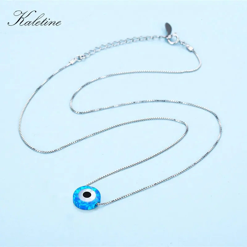 KALETINE 925 Sterling Silver Necklace Opal Lucky Hamsa Evil Eye Charm Pendant Necklaces Woman Jewelry KLTN017