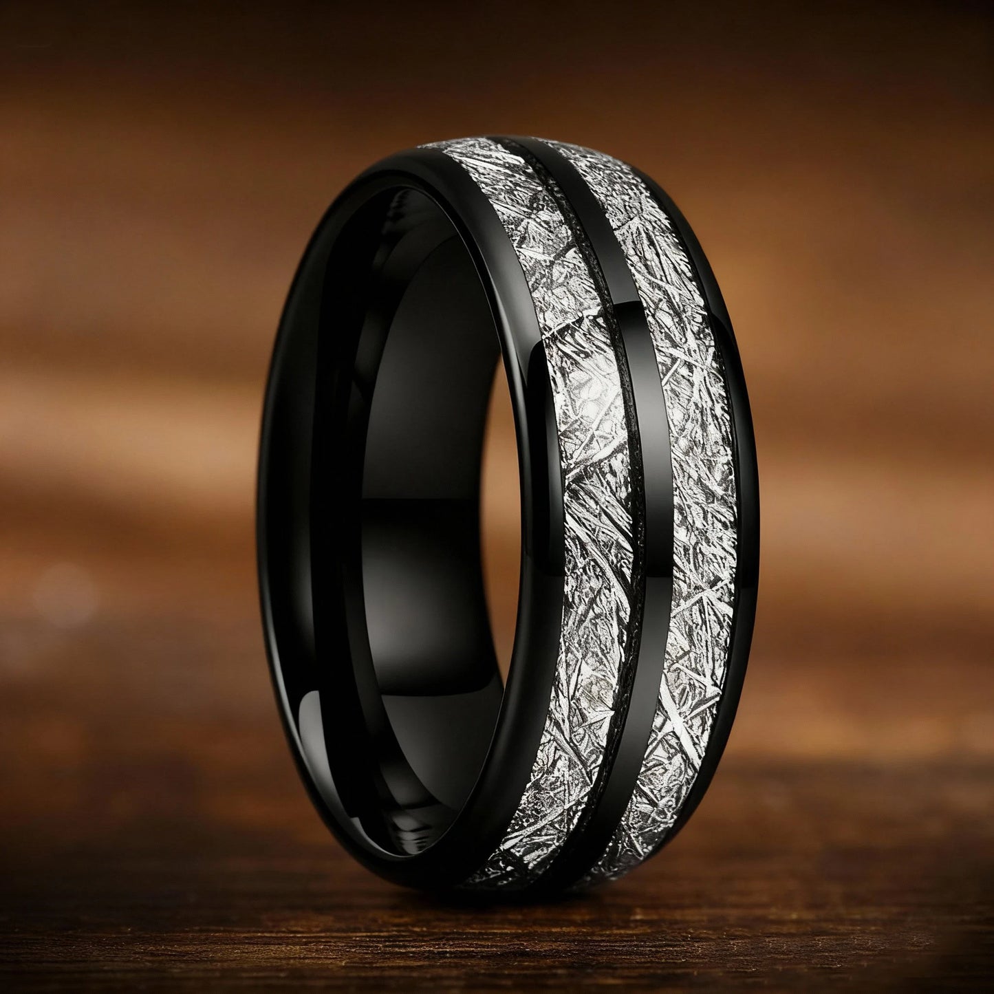 Fashion 8mm Black Color Stainless Steel Rings for Men Double Groove Meteorite Inlay Dome Men Finger Ring Wedding Band Jewelry