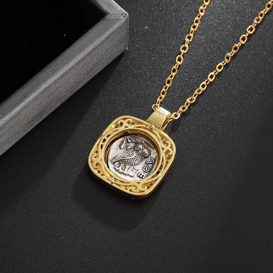 Exquisite Athena Owl Emerald Ancient Coin Pendant Necklace for Women High-End Fashion Birthday Party Jewelry Gift
