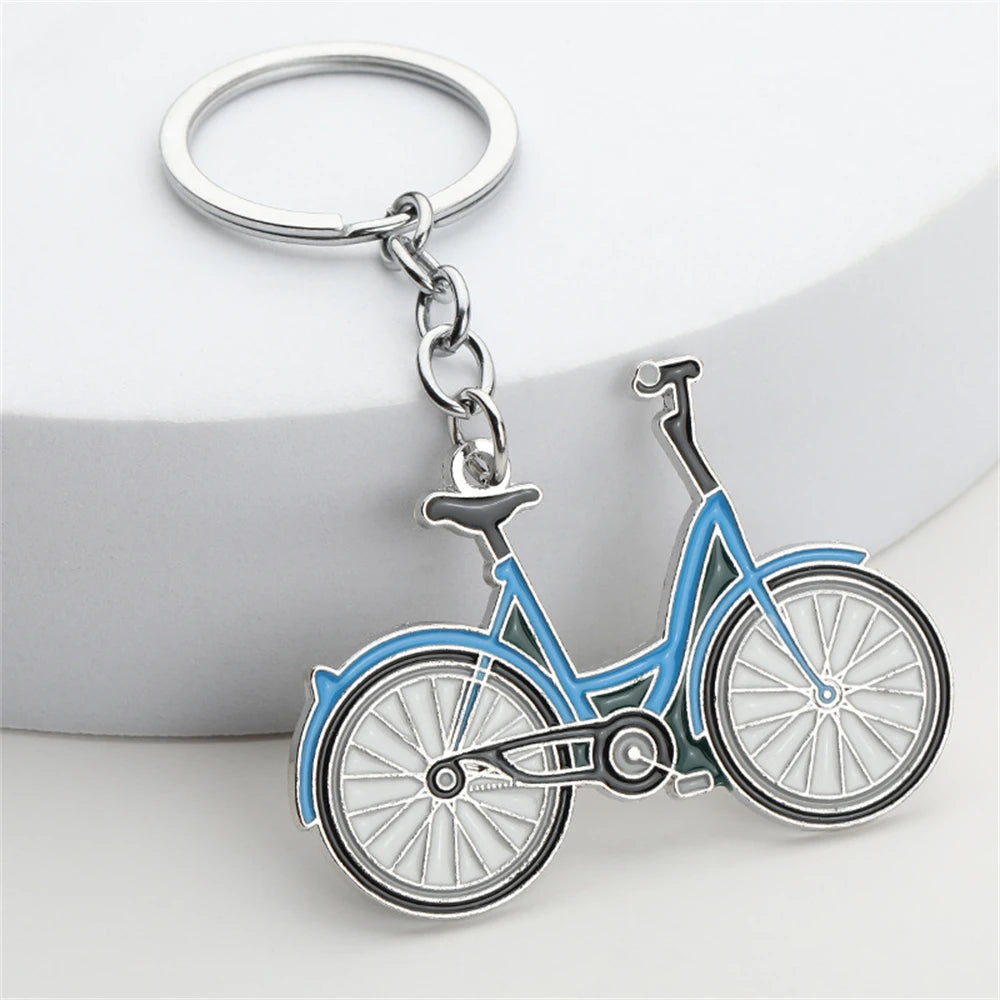 Creative Yellow Bike Key Chain Dynamic Bicycle Figure Key Ring Student School Bag Pendant Sporting Fans Gifts Men Car Key Holder Blue