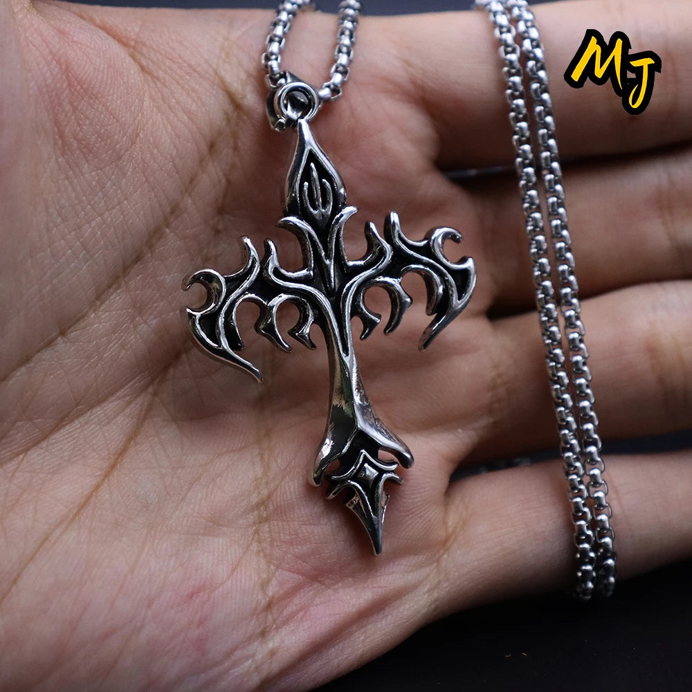 Vintage Men's Gothic Flame Cross Pendant Necklace Alloy Motorcycle Club Gothic  DragonEnwined Skull Cross Halloween Jewelry Gift