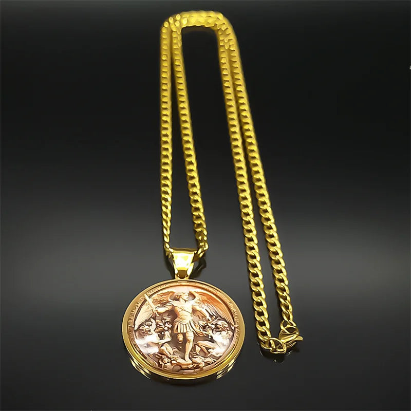SAINT MICHAEL PROTECT US Archangel Stainless Steel Glass Medal Necklaces Chain Men Women Gold Color Necklace Amulet Jewelry