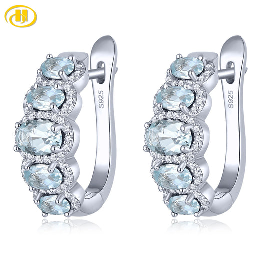 Natural Aquamarine Solid Sterling Silver Clip Earring 2.3 Carats Genuine Aquamarine S925 Earrings Classic Fine Jewelrys