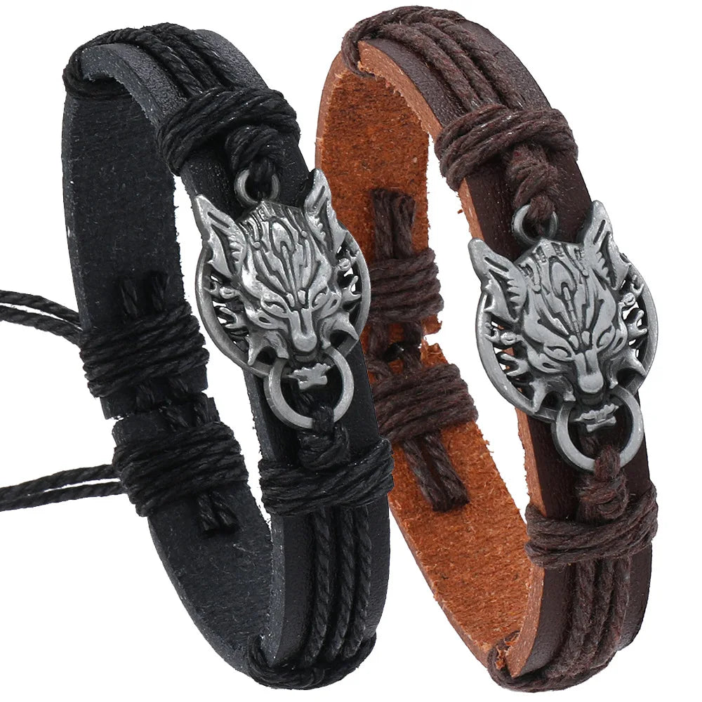 Retro Wolf Head Charm Bracelet Men Hand-woven Leather Bracelets Pull Adjustment Punk Style Simple Jewelry Gift