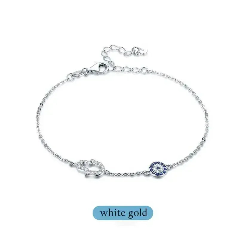 KALETINE Lucky Evil Eye Bracelets for Women 925 Sterling Silver Bracelet Blue Eye Hamsa Hand Fatima Hand Turkey Jewelry White Gold Color 20cm