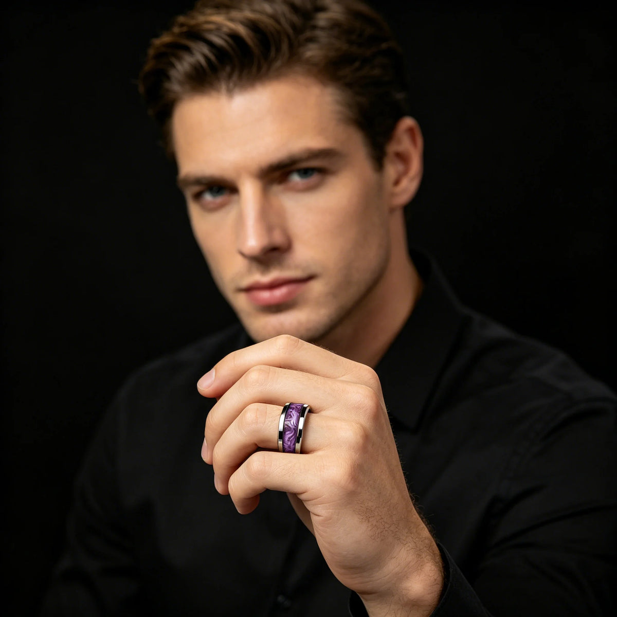 Fashion Men's Stainless Steel Rings Artificial Purple Agate Stone Inlay Jewelry Suitable for Daily Wear, Gift for Him Non-Fade
