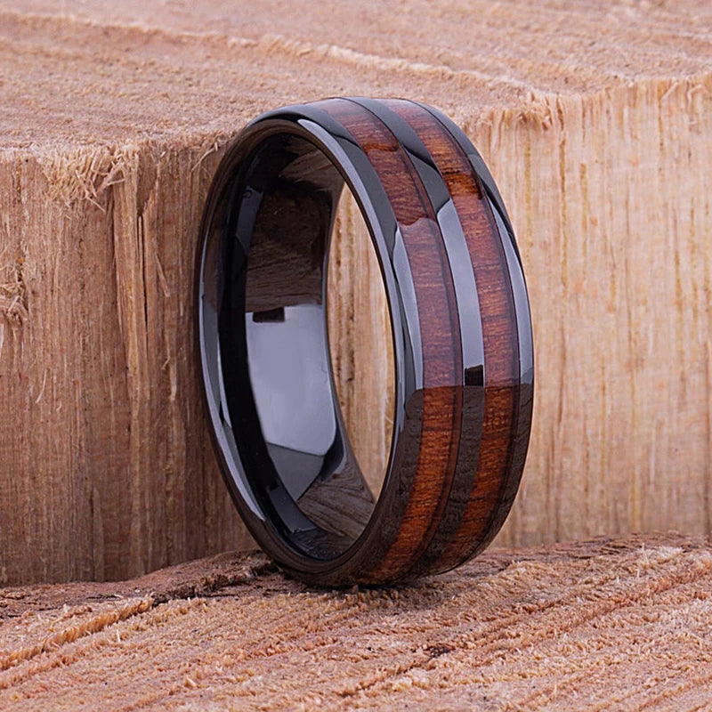 Fashion 8mm Rose Gold Color Stainless Steel Guitar String Rings for Men Koa Wood Inlay Ring Whiskey Barrel Mens Wedding Band
