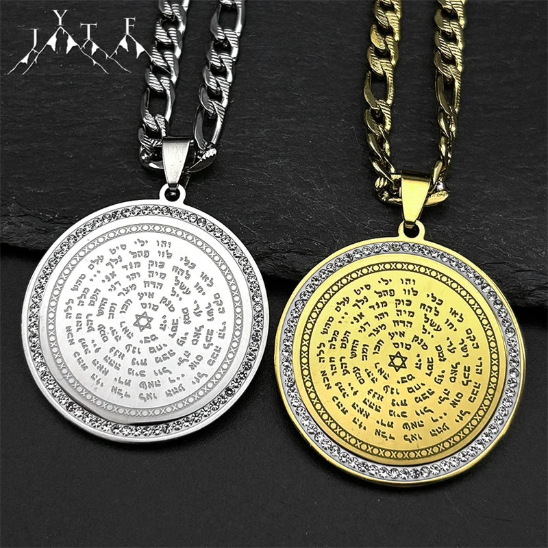 Jewish Bible Stainless Steel Hexagram Pendant Chain Necklace Women Men 72 Names Of The God Moses Mezuzah Rhinestones Jewelry