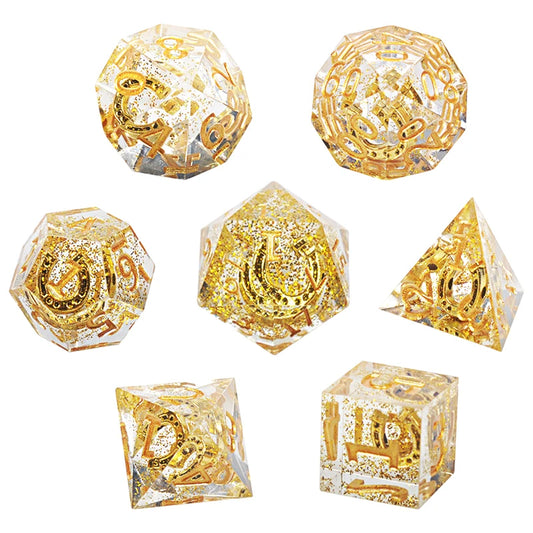 DND Dice Set Transparent Resin Sharp Edge Filled with Lucky Horseshoe & Glitter Inside - 7 Polyhedral Gaming Dice for Borad Game