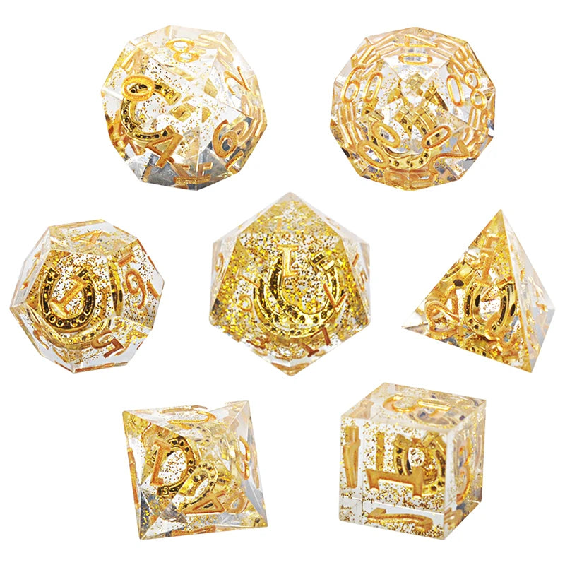 DND Dice Set Transparent Resin Sharp Edge Filled with Lucky Horseshoe & Glitter Inside - 7 Polyhedral Gaming Dice for Borad Game Default Title