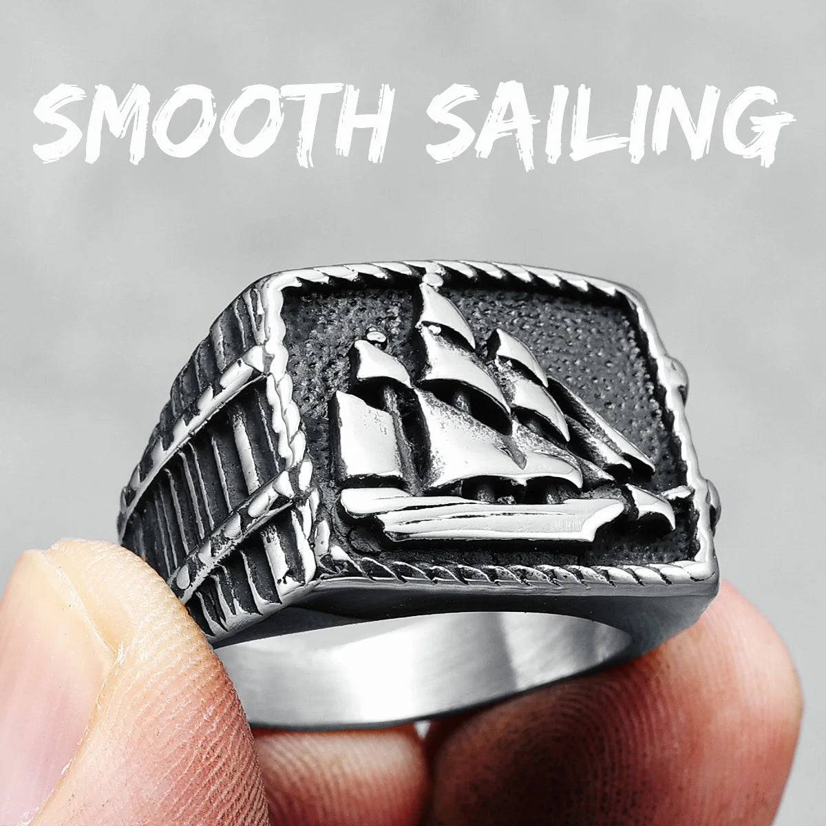 Sailboat Ring 316L Stainless Steel Men Rings Ocean Sailor Smooth Sailing Rock Rap for Biker Male Boyfriend Jewelry Best Gift R872-Sailing