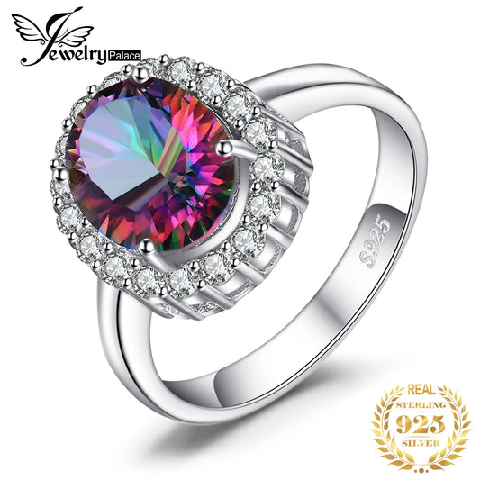 JewelryPalace 3.4ct Natural Mystic Rainbow Quartz 925 Sterling Silver Halo Wedding Engagement Ring for Women Gift New Arrival