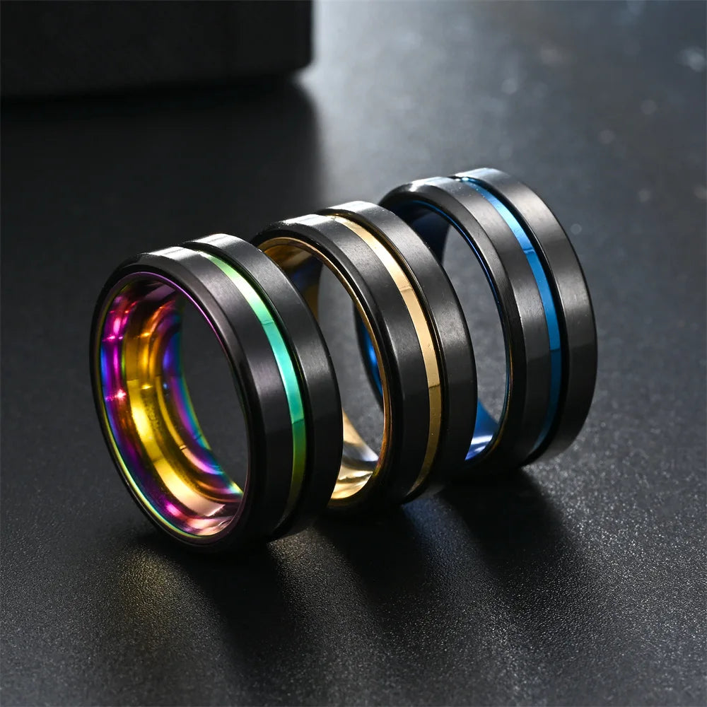 Fashio Men Rings Black Titanium Stainless Steel Rings For Men Women Brick Pattern Finish Beveled Edge Wedding Ring Party Jewelry