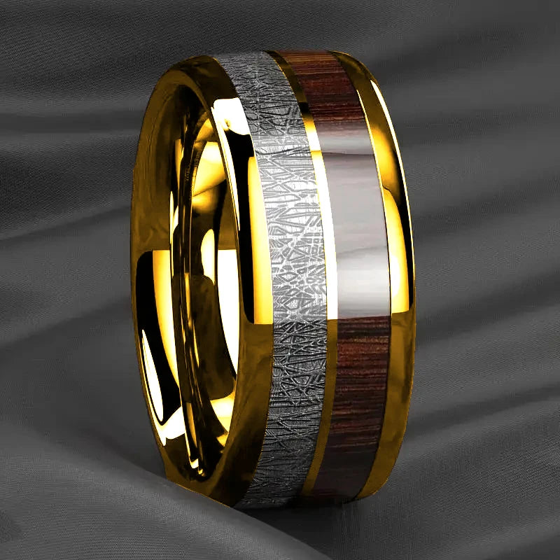 Fashion 8mm Silver Color Men Stainless Steel Rings, Pink Rose Abalone Shell Meteorite Inlay Rings for Men Women, Wedding Jewelry