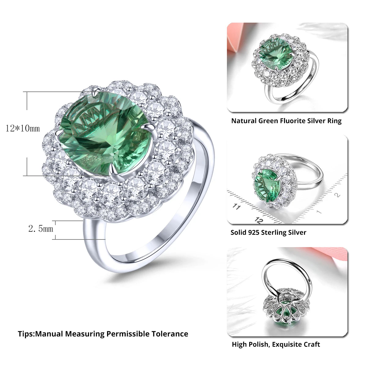 Natural Green Fluorite Solid Sterling Silver Ring 5 Carat Genuine Gemstone Exquisite Jewelry Style Women Engagement Wedding Ring